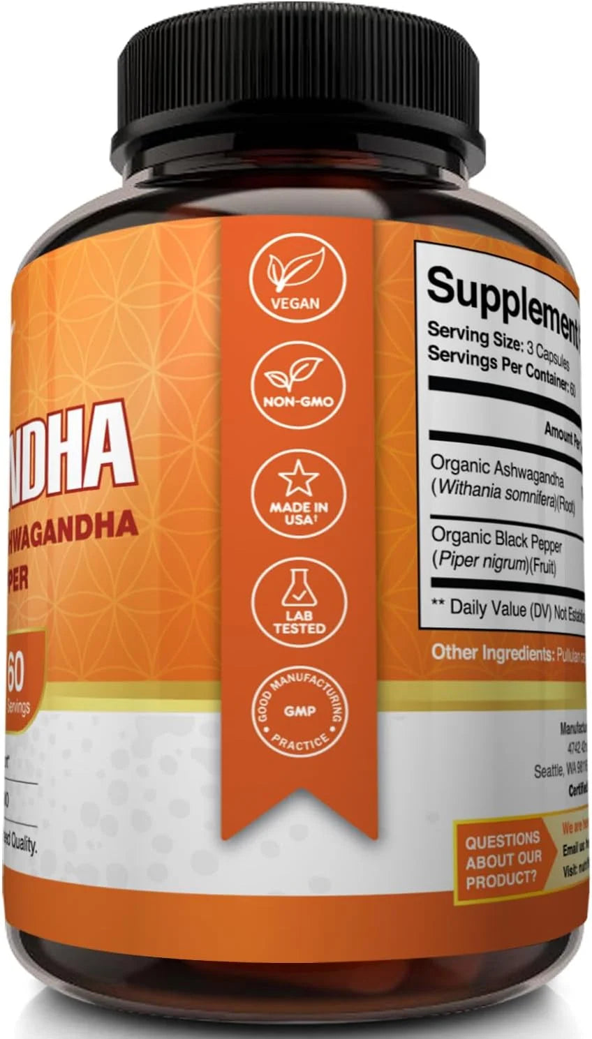 1950Mg Organic Ashwagandha Root Extract with Black Pepper for Stress Relief, 180 Count