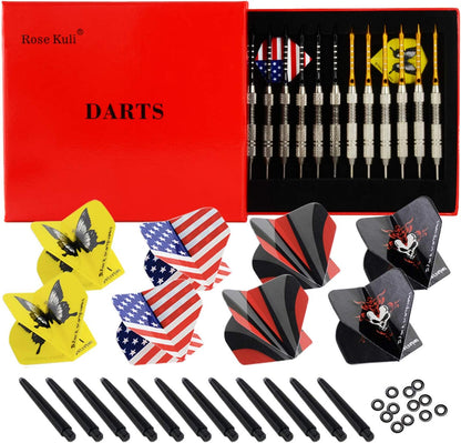 Steel Tip Darts Set, 12 Pack 24 Grams Professional Metal Dart Set with 20 Flights(4 Style) + 12 Aluminium Shaft