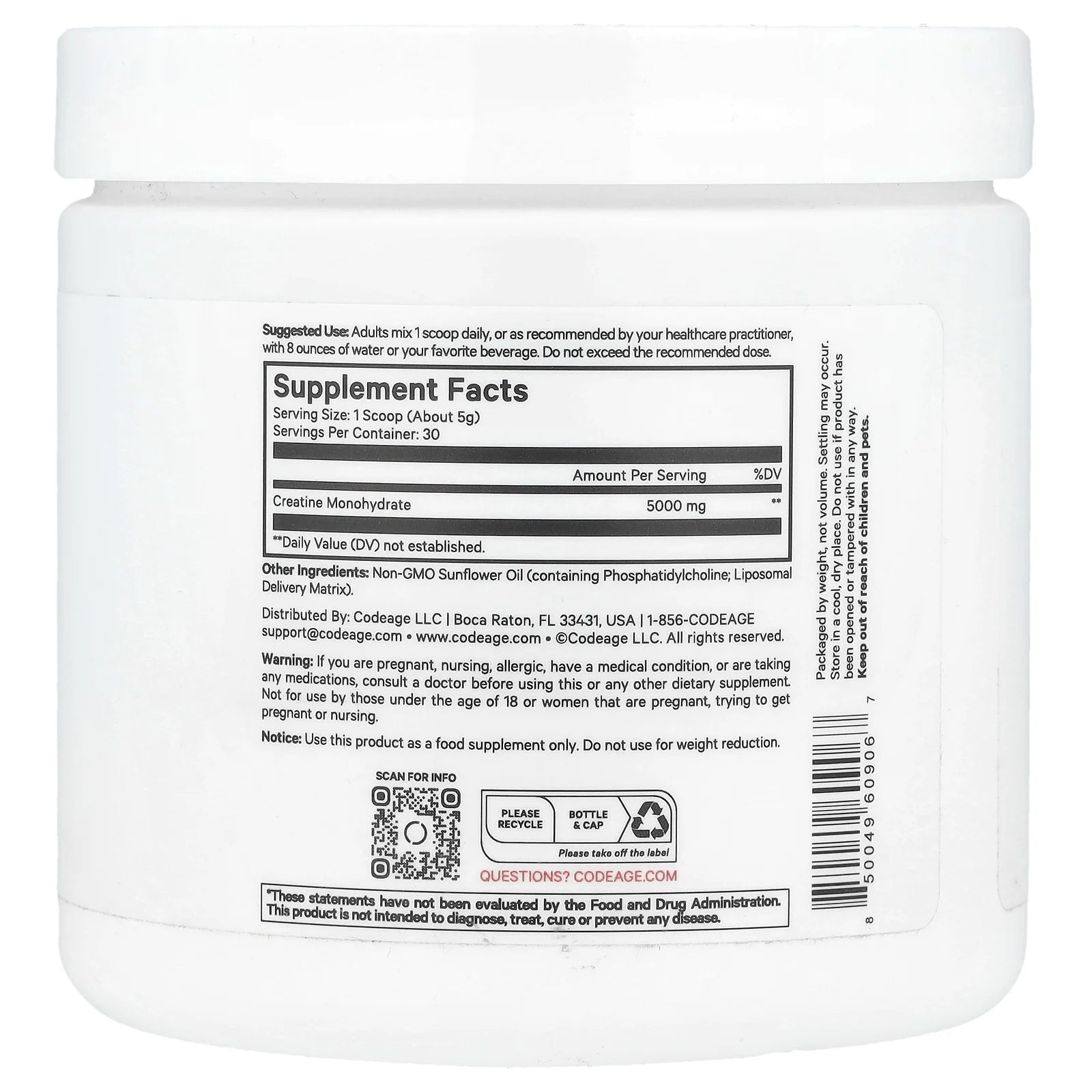 Liposomal Creatine Monohydrate Powder Supplement, Unflavored, 1-Month Supply, 30 Servings