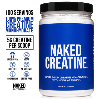 Naked Creatine Monohydrate, Unflavored Micronized Creatine Powder Supplement, 100 Servings