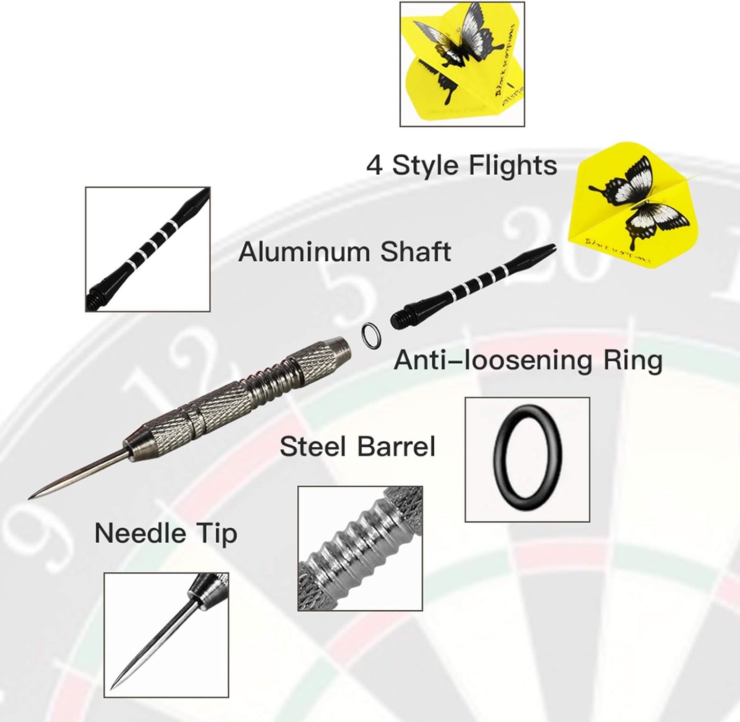 Steel Tip Darts Set, 12 Pack 24 Grams Professional Metal Dart Set with 20 Flights(4 Style) + 12 Aluminium Shaft