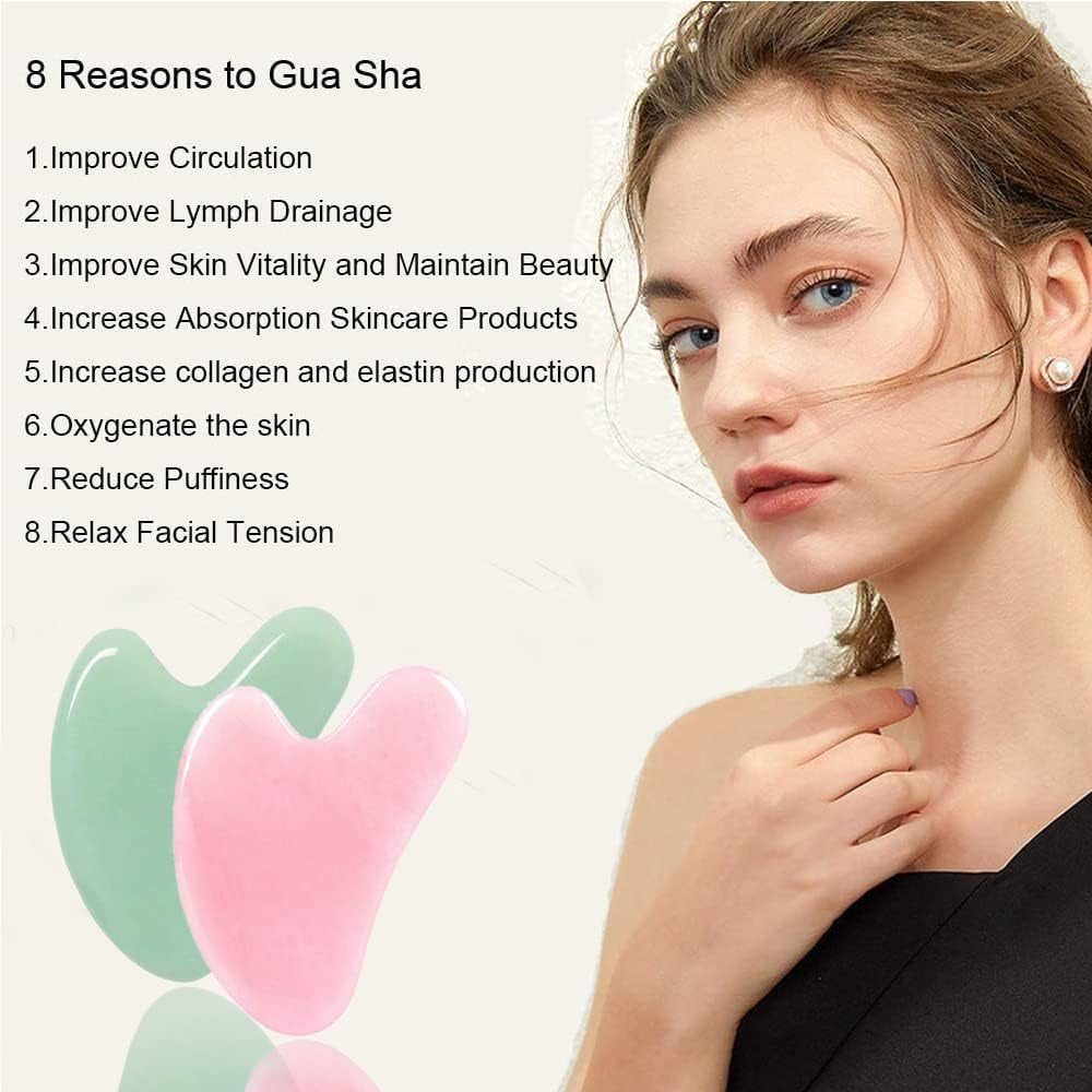 Gua Sha Facial Tools, 2 Pack Jade Gua Sha Tool for Face, Guasha Skin Care Tool, Natural Jade Gua Sha Massage Tool, Scraping and Spa Acupuncture Therapy to Lift, Decrease Puffiness and Tighten