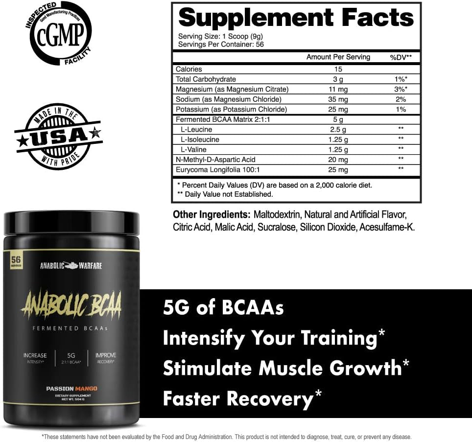 Anabolic BCAA Powder Supplement Bcaas Amino Acids to Fuel Your Workout and Support Muscle Recovery (Passion Mango - 56 Servings)