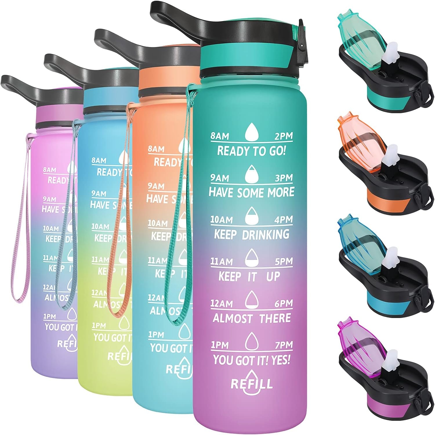 Motivational Water Bottle 32 Oz with Straw & Time Marker, BPA Free & Leakproof Tritan Portable Reusable Fitness Sports Water Jug for Men Women (With Bottle Brush and Straw Brush)