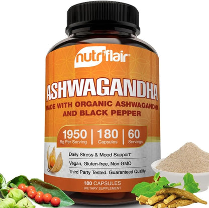 1950Mg Organic Ashwagandha Root Extract with Black Pepper for Stress Relief, 180 Count