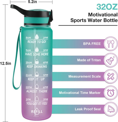 Motivational Water Bottle 32 Oz with Straw & Time Marker, BPA Free & Leakproof Tritan Portable Reusable Fitness Sports Water Jug for Men Women (With Bottle Brush and Straw Brush)